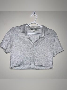 Signature 8 L Heather Grey Collared Knit Short Sleeve Crop Top Preppy Classic